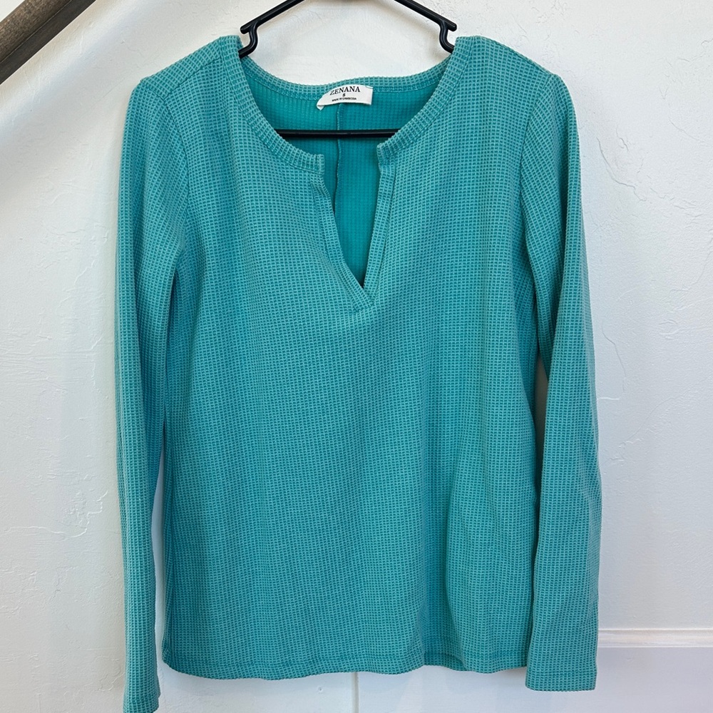 Zenana Turquoise V-neck Waffle Knit Long Sleeve Top